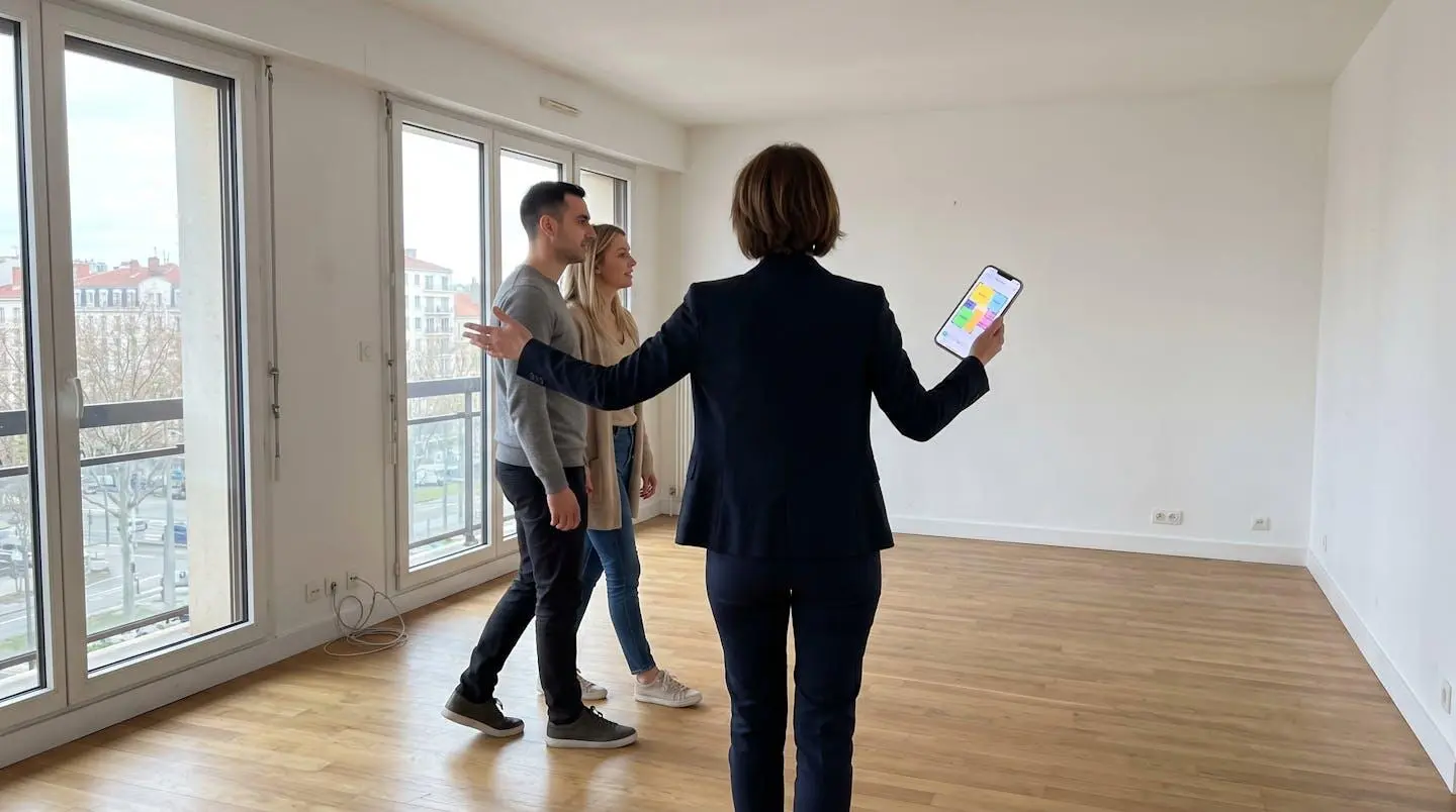 Un agent immobilier souriant présente un intérieur lumineux à des visiteurs lors d'une visite de bien