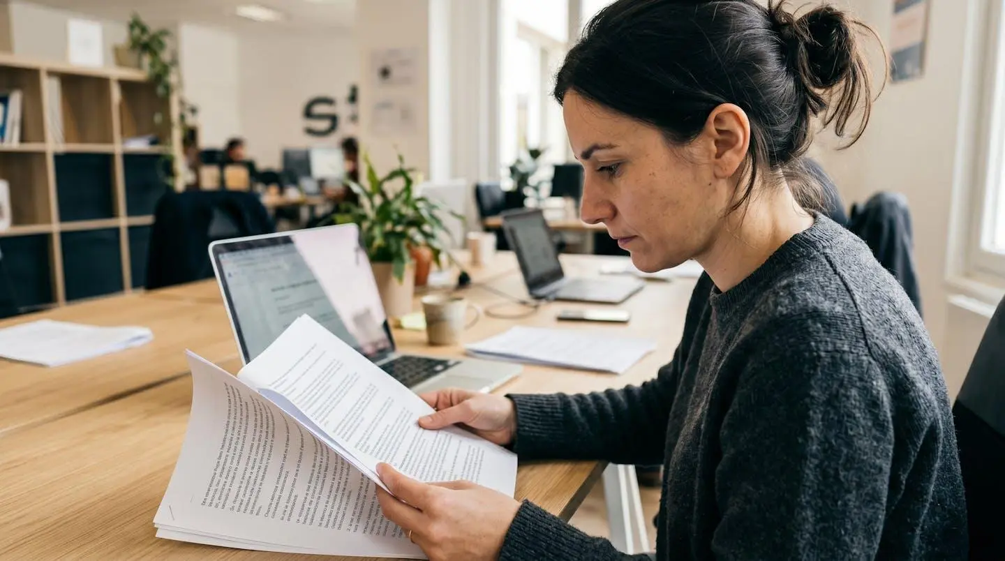 Une femme concentrée lit attentivement des documents contractuels posés sur une table lumineuse