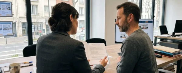 Deux personnes échangent une poignée de main au-dessus d'un document de mandat posé sur un bureau lumineux