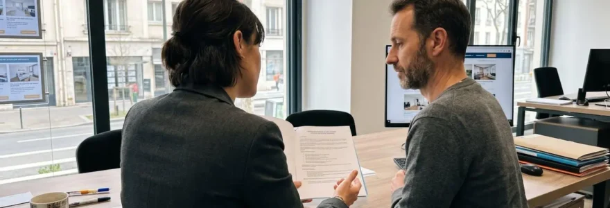 Deux personnes échangent une poignée de main au-dessus d'un document de mandat posé sur un bureau lumineux