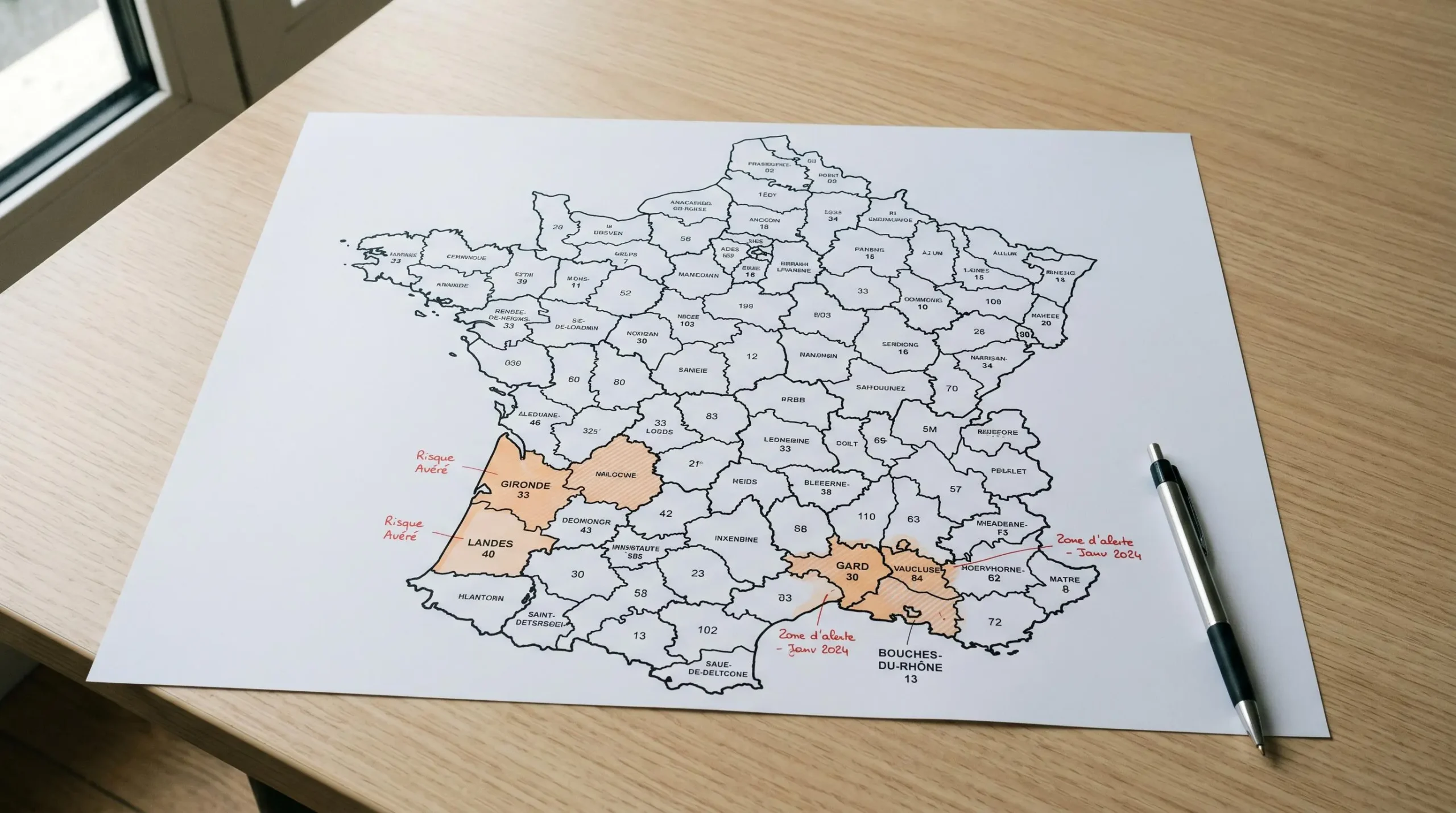 Carte administrative de France avec départements du Sud et Sud-Ouest surlignés indiquant les zones à risque termites soumises à arrêté préfectoral