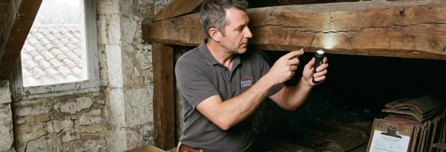 Diagnostiqueur immobilier certifié examinant une poutre en bois avec lampe torche et poinçon de sondage dans une charpente de maison, intervention de détection termites